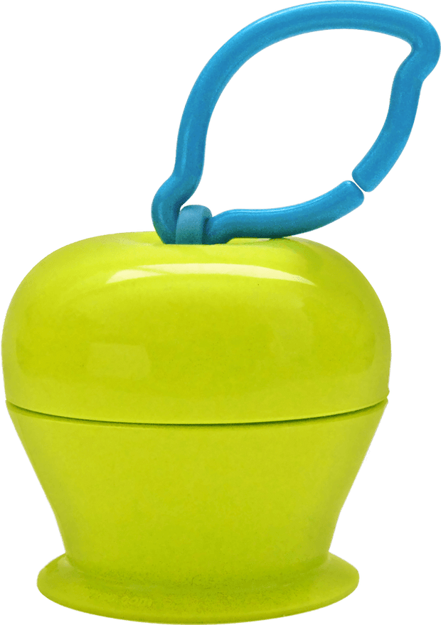 The Grapple® toy tether is a green, apple-shaped adjustable toy holder that suctions to any smooth surface and holds your baby’s favorite toys with silicone straps.