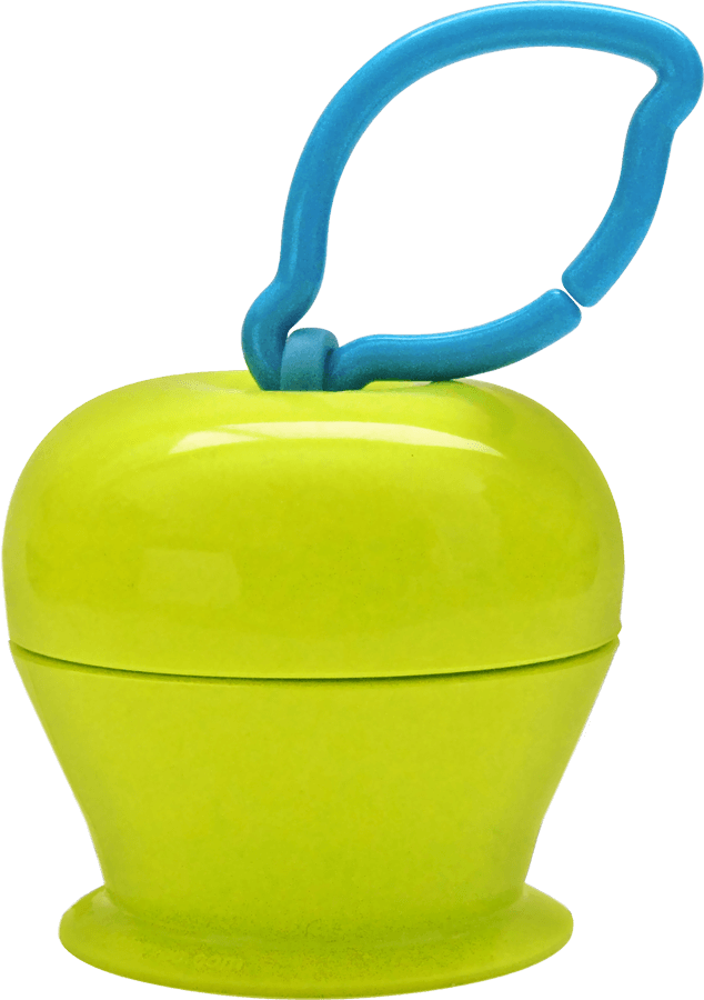 The Grapple® toy tether is a green, apple-shaped adjustable toy holder that suctions to any smooth surface and holds your baby’s favorite toys with silicone straps.