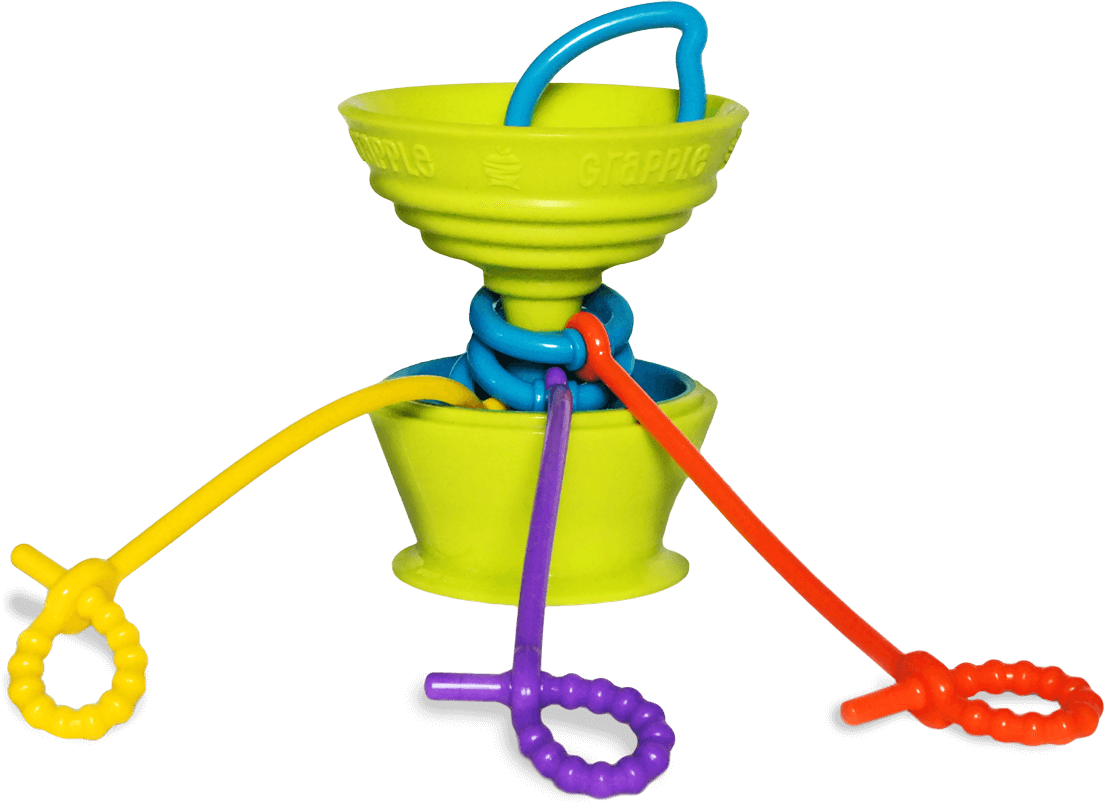 The Grapple® toy tether is a green, apple-shaped adjustable toy holder that suctions to any smooth surface and holds your baby’s favorite toys with colorful silicone straps.