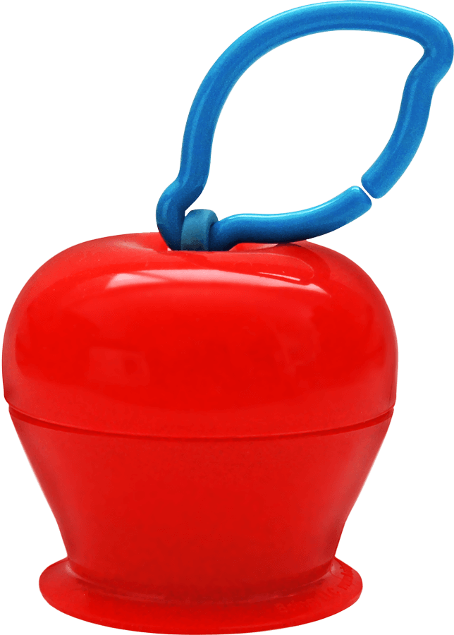 The Grapple® toy tether is a red, apple-shaped adjustable toy holder that suctions to any smooth surface and holds your baby’s favorite toys with silicone straps.
