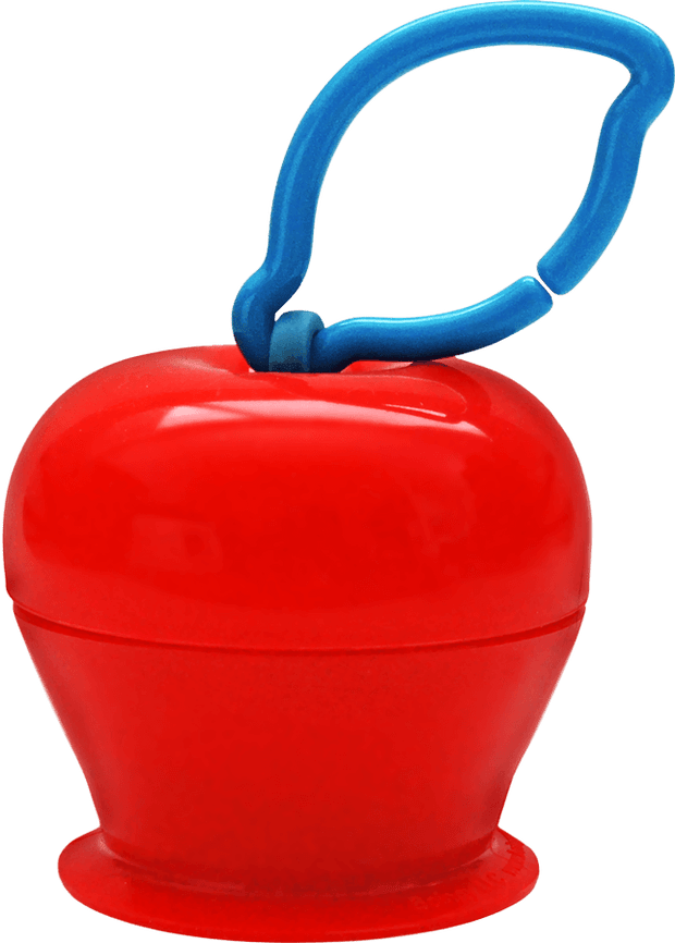 The Grapple® toy tether is a red, apple-shaped adjustable toy holder that suctions to any smooth surface and holds your baby’s favorite toys with silicone straps.