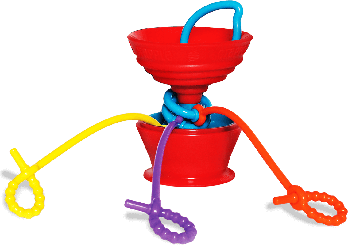 The Grapple® toy tether is a red, apple-shaped adjustable toy holder that suctions to any smooth surface and holds your baby’s favorite toys with colorful silicone straps.